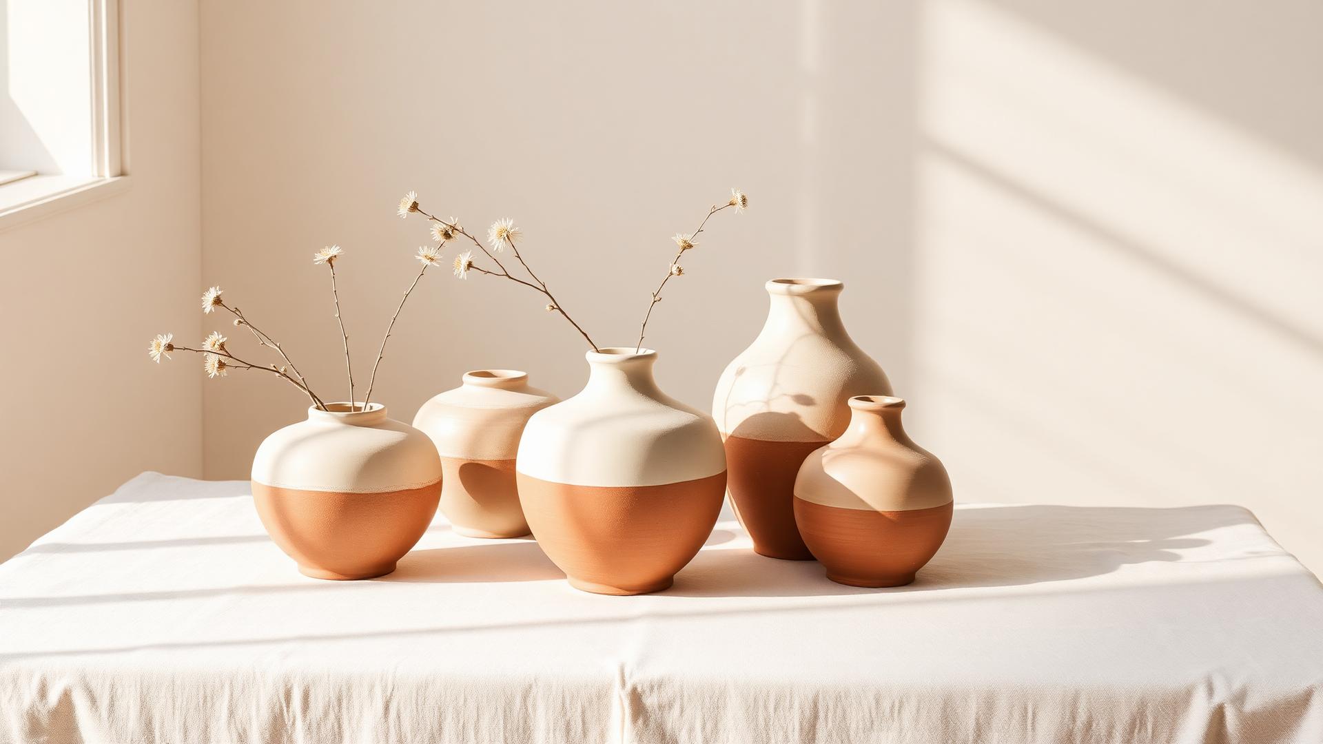 Handmade stoneware vases on a linen-draped surface