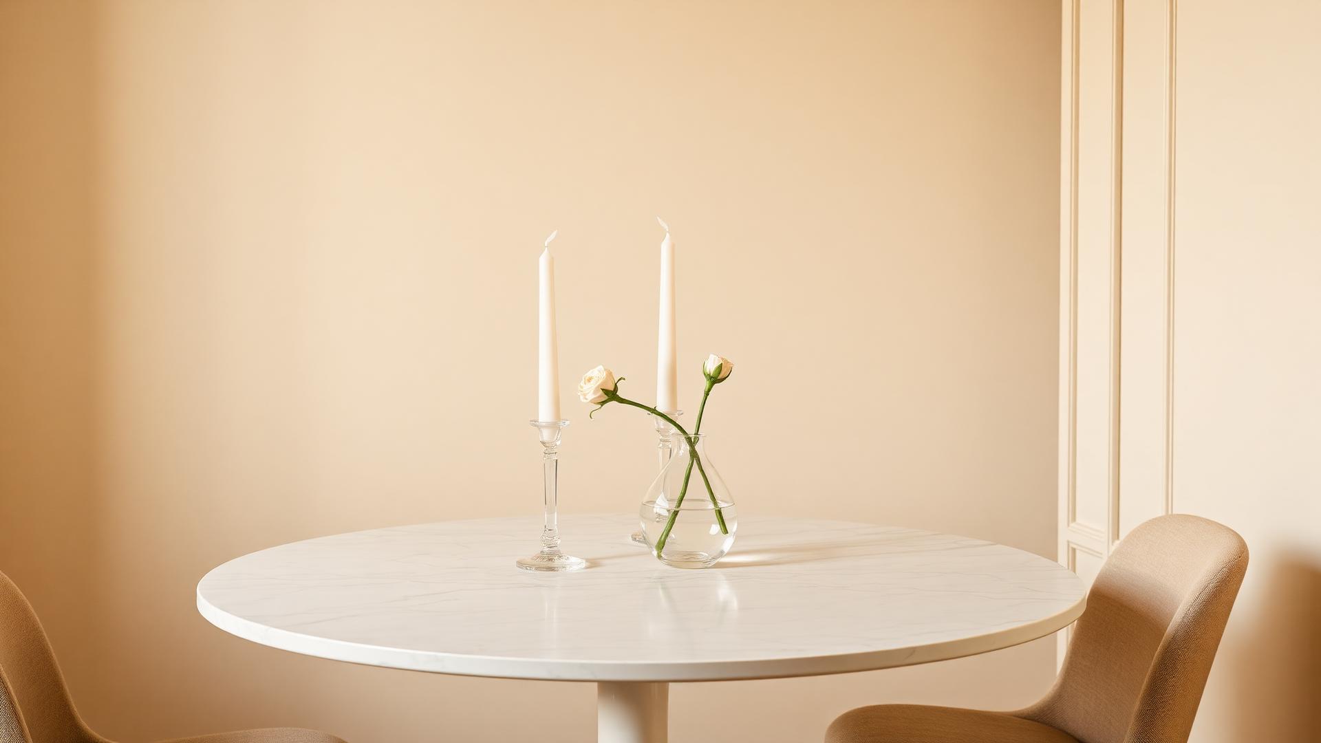 Marble dining table with bud vase and taper candles